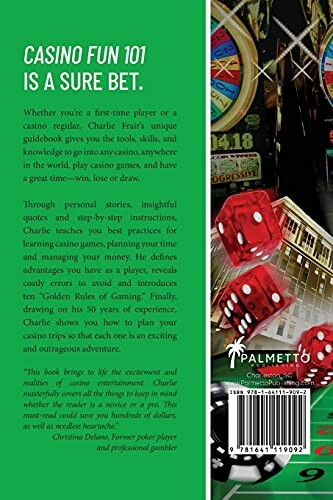 Back cover of the book Casino Fun 101 with dice, cards, and author's description.