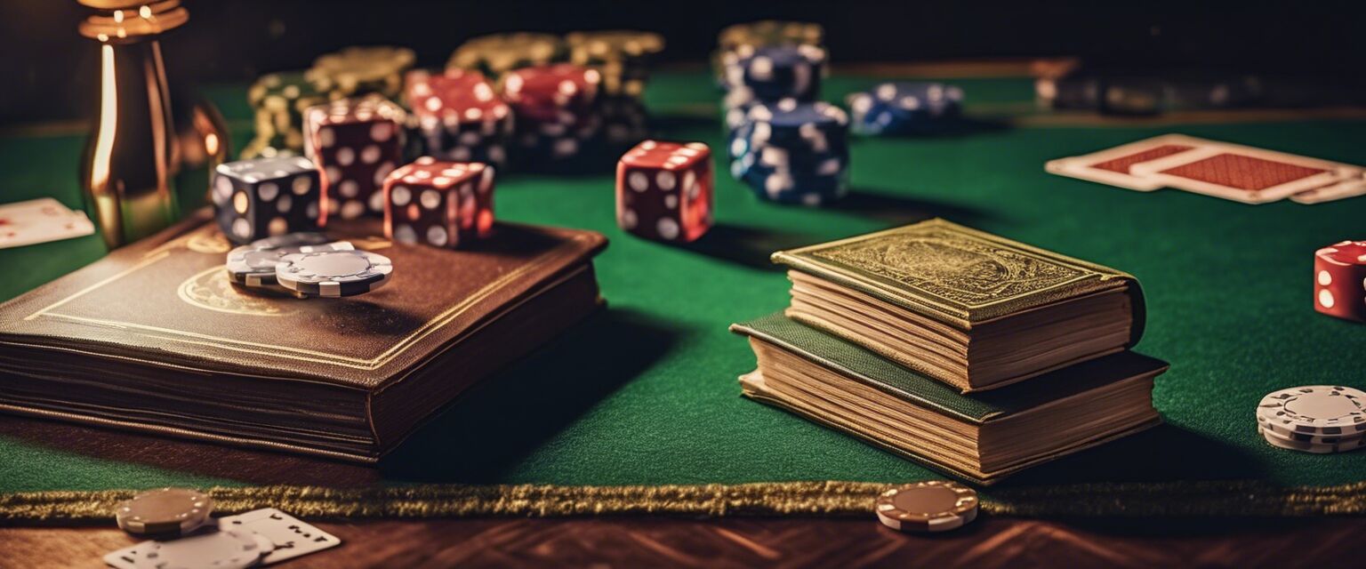 A display of gambling psychology books with casino accessories